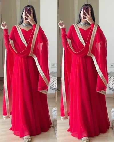 Attractive Georgette Gowns With Dupatta Lace Work (Red)