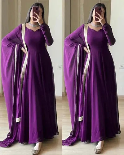 Attractive Georgette Gowns With Dupatta Lace Work (Purple)
