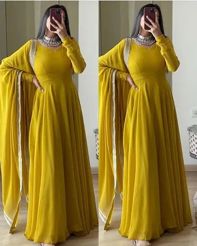 Attractive Georgette Gowns With Dupatta Lace Work (Yellow)