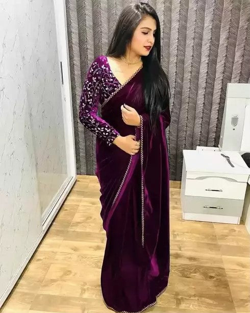 Bollywood Velvet Sarees with Embroidered Blouse Piece (SPURPLE)