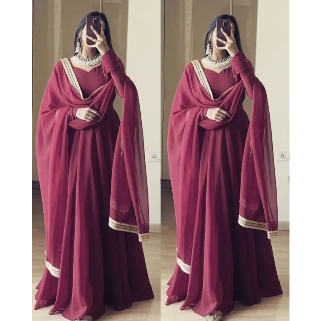 Attractive Georgette Gowns With Dupatta Lace Work (Maroon)