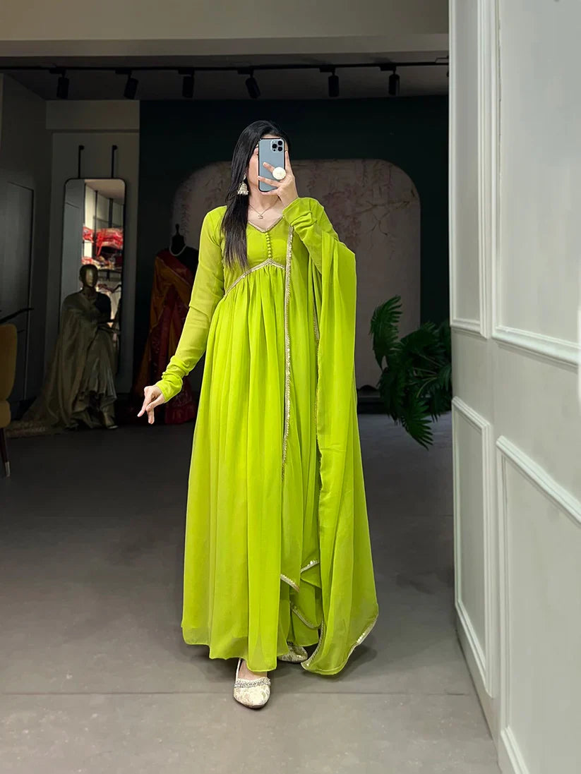 Elegant Alia Cut Georgette Gown with Sequins Embroidery Lace (Green)
