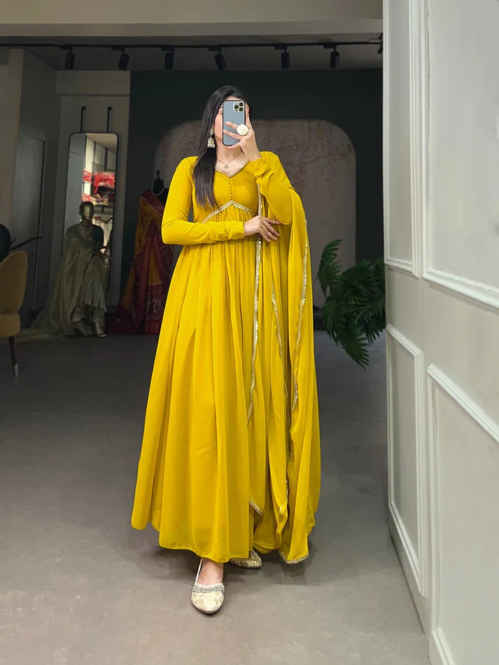 Elegant Alia Cut Georgette Gown with Sequins Embroidery Lace (Mustard)