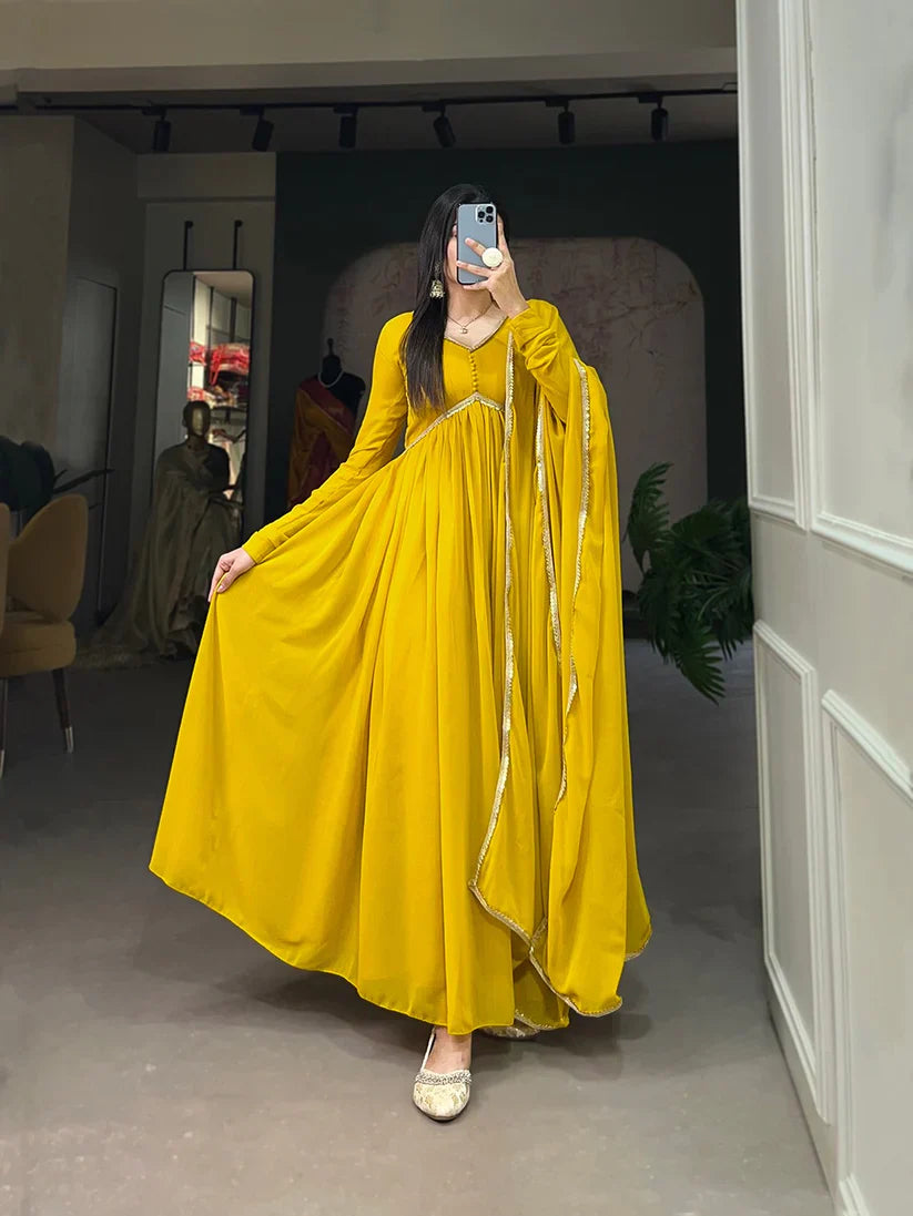 Elegant Alia Cut Georgette Gown with Sequins Embroidery Lace (Mustard)