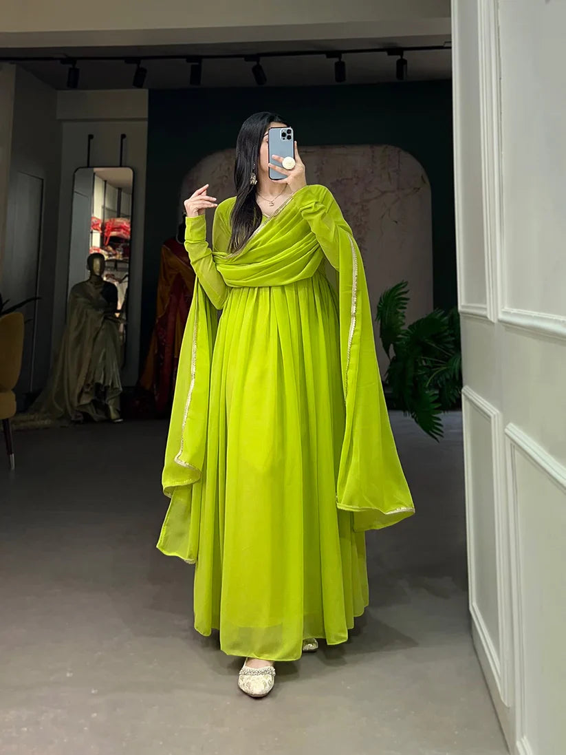Elegant Alia Cut Georgette Gown with Sequins Embroidery Lace (Green)