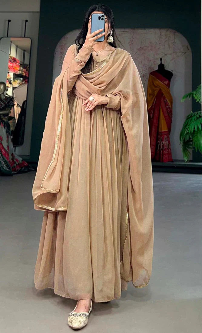 Elegant Alia Cut Georgette Gown with Sequins Embroidery Lace (Beige)