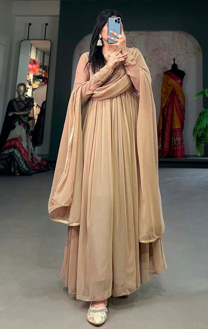Elegant Alia Cut Georgette Gown with Sequins Embroidery Lace (Beige)