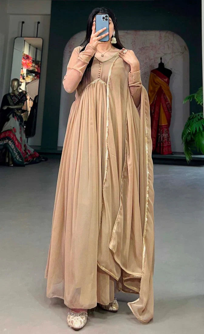 Elegant Alia Cut Georgette Gown with Sequins Embroidery Lace (Beige)