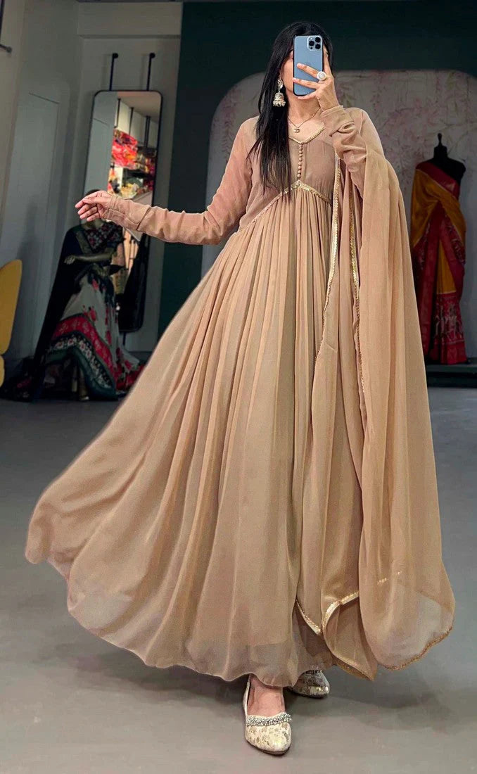 Elegant Alia Cut Georgette Gown with Sequins Embroidery Lace (Beige)