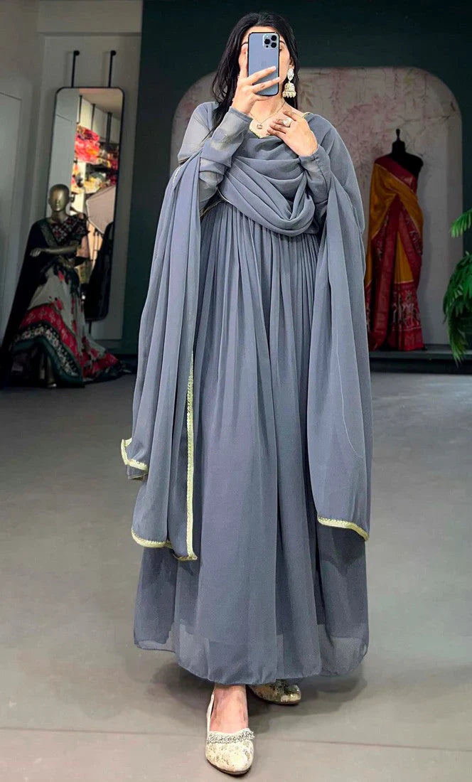 Elegant Alia Cut Georgette Gown with Sequins Embroidery Lace (Grey)