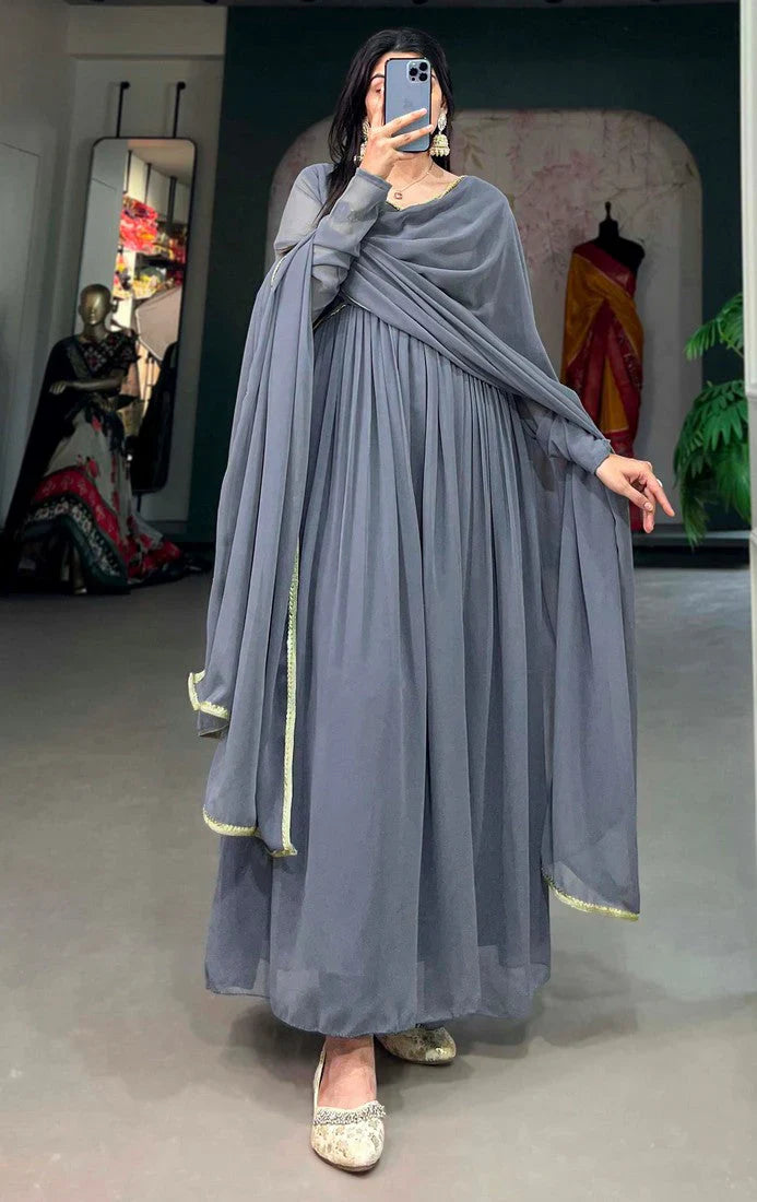 Elegant Alia Cut Georgette Gown with Sequins Embroidery Lace (Grey)