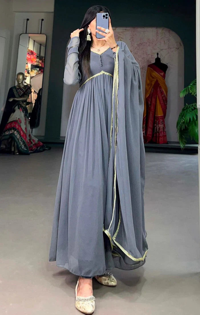 Elegant Alia Cut Georgette Gown with Sequins Embroidery Lace (Grey)