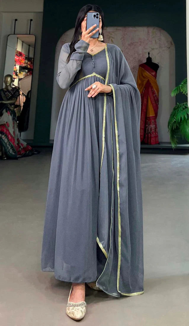 Elegant Alia Cut Georgette Gown with Sequins Embroidery Lace (Grey)