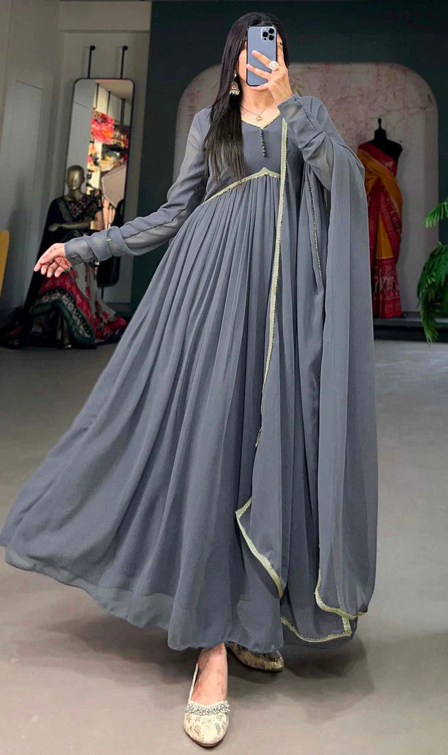 Elegant Alia Cut Georgette Gown with Sequins Embroidery Lace (Grey)