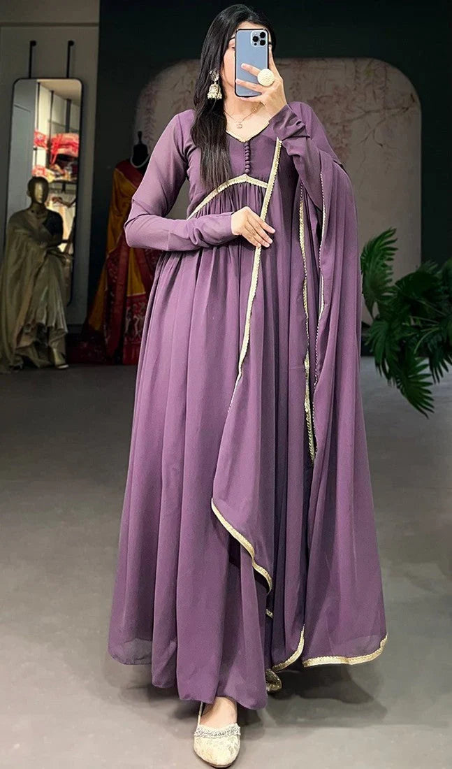 Elegant Alia Cut Georgette Gown with Sequins Embroidery Lace (Purple)