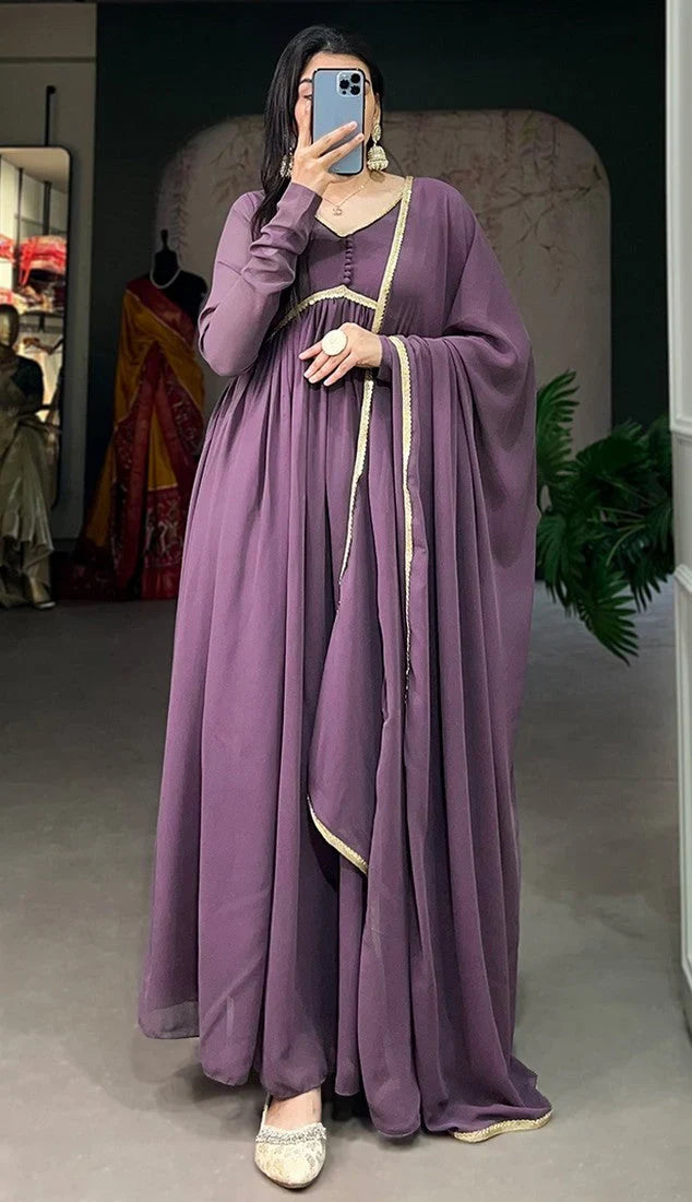 Elegant Alia Cut Georgette Gown with Sequins Embroidery Lace (Purple)
