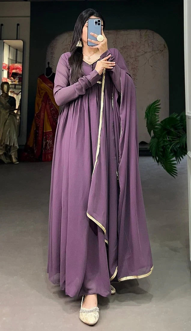 Elegant Alia Cut Georgette Gown with Sequins Embroidery Lace (Purple)
