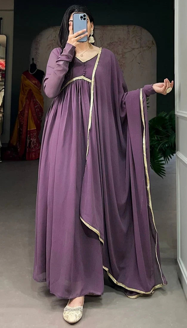 Elegant Alia Cut Georgette Gown with Sequins Embroidery Lace (Purple)
