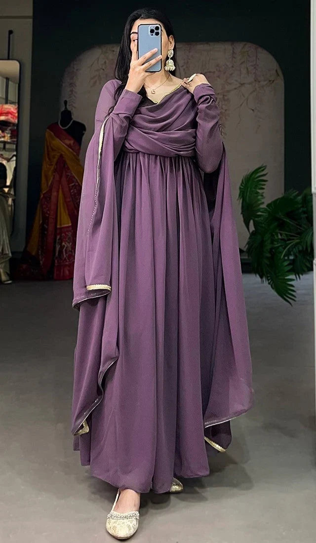 Elegant Alia Cut Georgette Gown with Sequins Embroidery Lace (Purple)