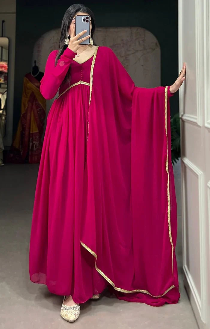 Elegant Alia Cut Georgette Gown with Sequins Embroidery Lace (Red)