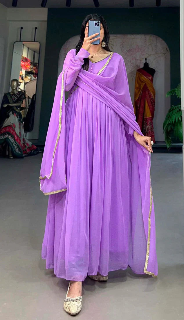 Elegant Alia Cut Georgette Gown with Sequins Embroidery Lace (Lavender)