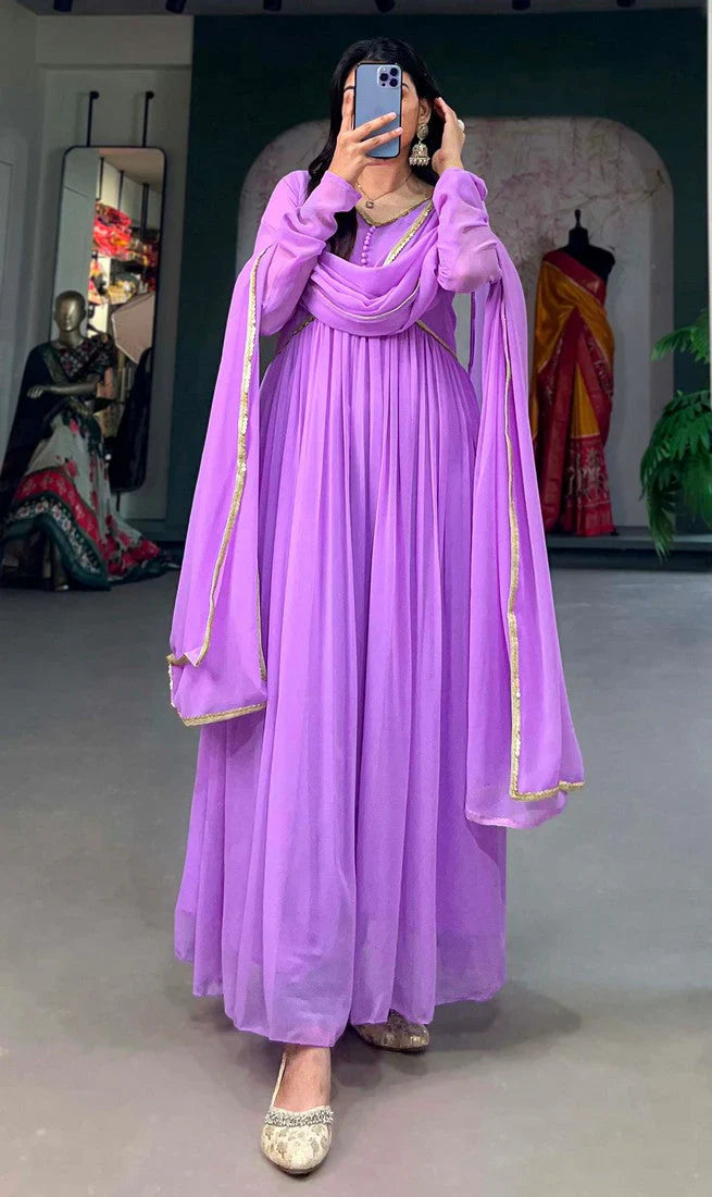 Elegant Alia Cut Georgette Gown with Sequins Embroidery Lace (Lavender)