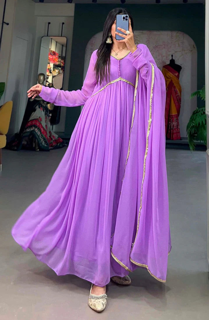 Elegant Alia Cut Georgette Gown with Sequins Embroidery Lace (Lavender)