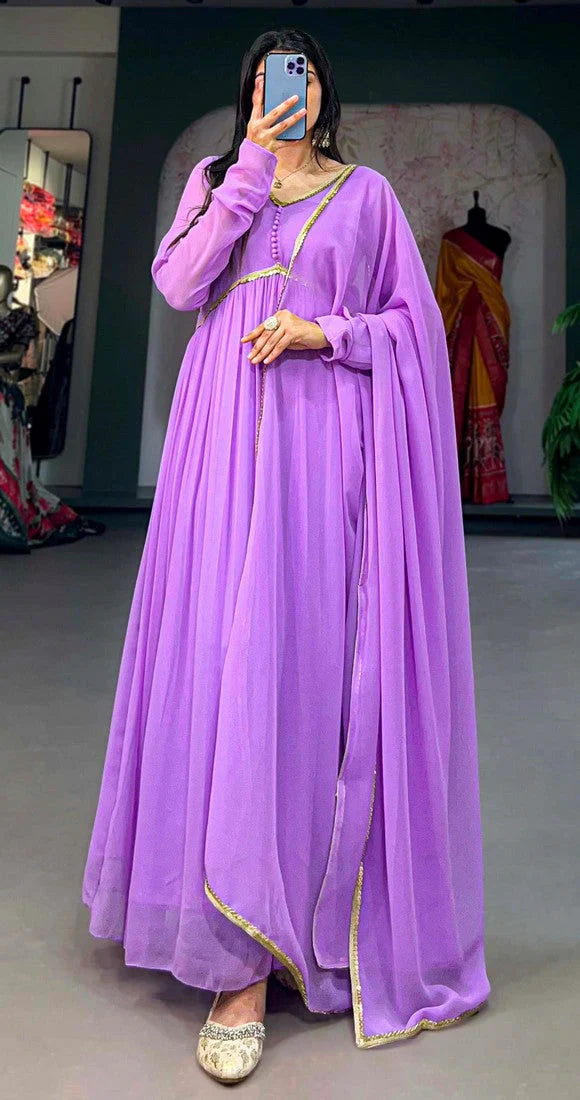 Elegant Alia Cut Georgette Gown with Sequins Embroidery Lace (Lavender)