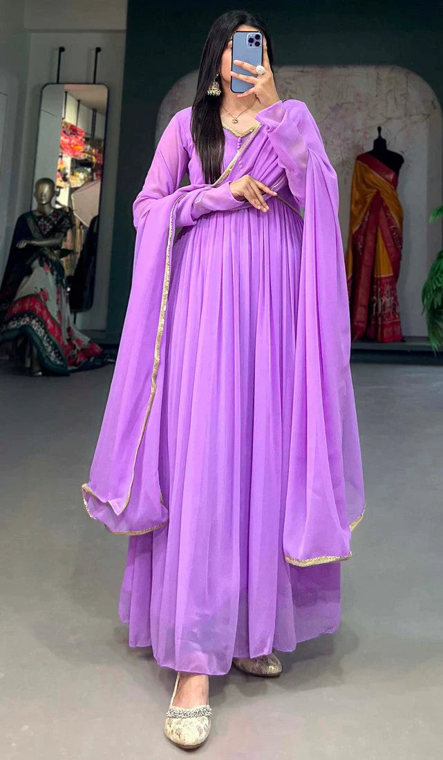 Elegant Alia Cut Georgette Gown with Sequins Embroidery Lace (Lavender)