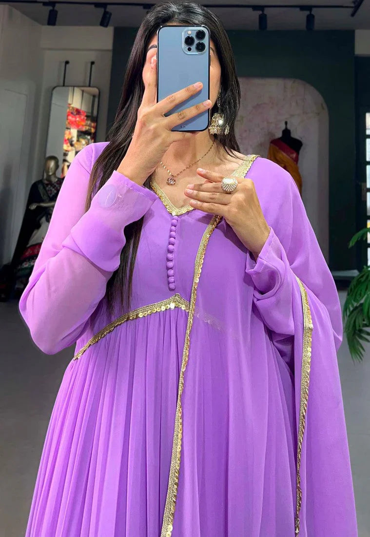 Elegant Alia Cut Georgette Gown with Sequins Embroidery Lace (Lavender)