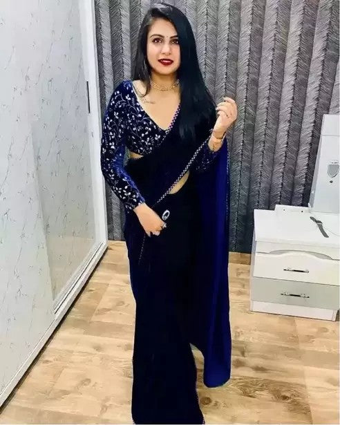 Bollywood Velvet Sarees with Embroidered Blouse Piece (SNAVY_BLUE)