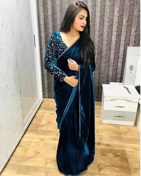 Bollywood Velvet Sarees with Embroidered Blouse Piece (SCRYSTAL)