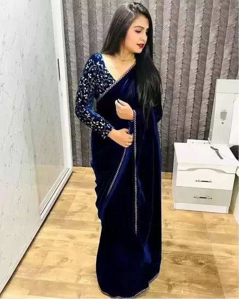 Bollywood Velvet Sarees with Embroidered Blouse Piece (SNAVY_BLUE)