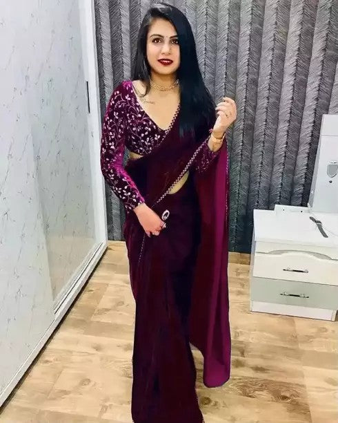 Bollywood Velvet Sarees with Embroidered Blouse Piece (SPURPLE)
