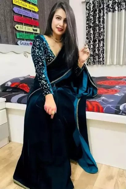 Bollywood Velvet Sarees with Embroidered Blouse Piece (SCRYSTAL)