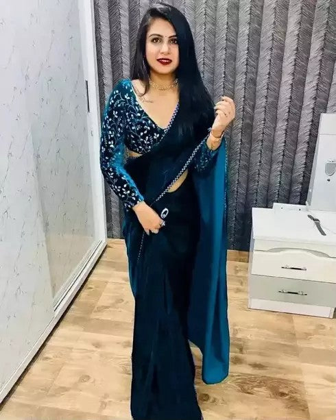Bollywood Velvet Sarees with Embroidered Blouse Piece (SCRYSTAL)