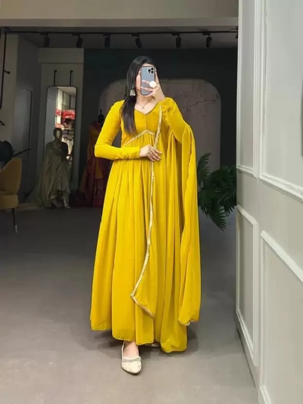 Elegant Alia Cut Georgette Gown with Sequins Embroidery Lace (Mustard)