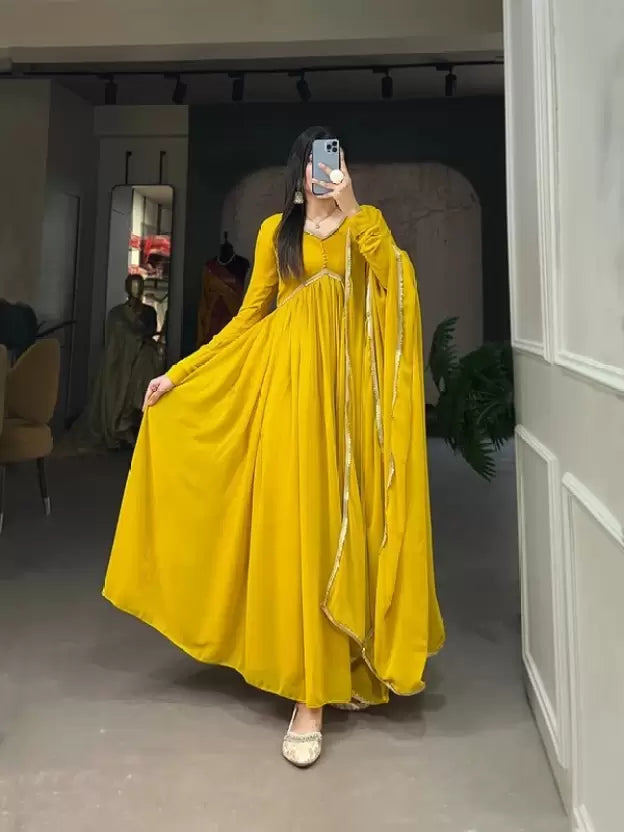 Elegant Alia Cut Georgette Gown with Sequins Embroidery Lace (Mustard)
