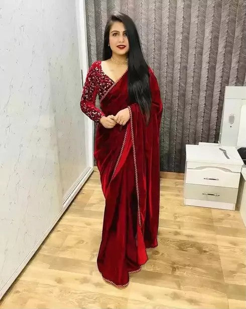Bollywood Velvet Sarees with Embroidered Blouse Piece (SRED)