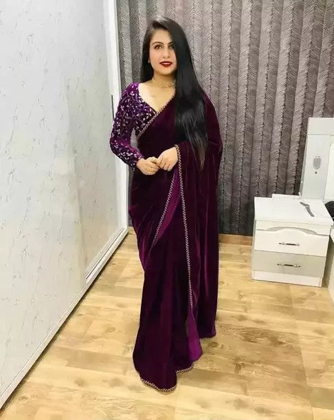 Bollywood Velvet Sarees with Embroidered Blouse Piece (SPURPLE)