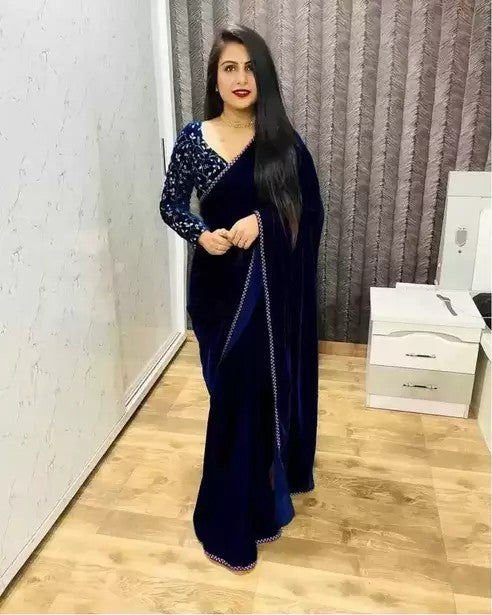 Bollywood Velvet Sarees with Embroidered Blouse Piece (SNAVY_BLUE)