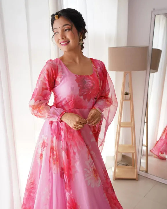 Multicoloured Tissue Digital Printed Gown For Women With Dupatta (Premium Quality II)