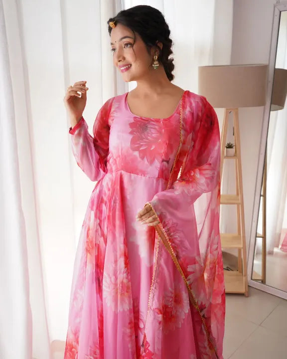 Multicoloured Tissue Digital Printed Gown For Women With Dupatta (Premium Quality II)