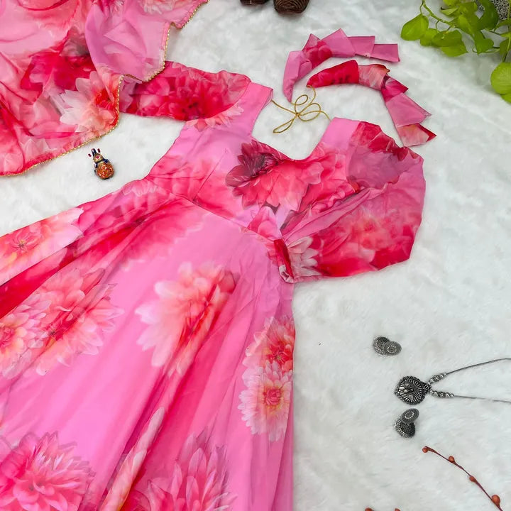 Multicoloured Tissue Digital Printed Gown For Women With Dupatta (Premium Quality II)