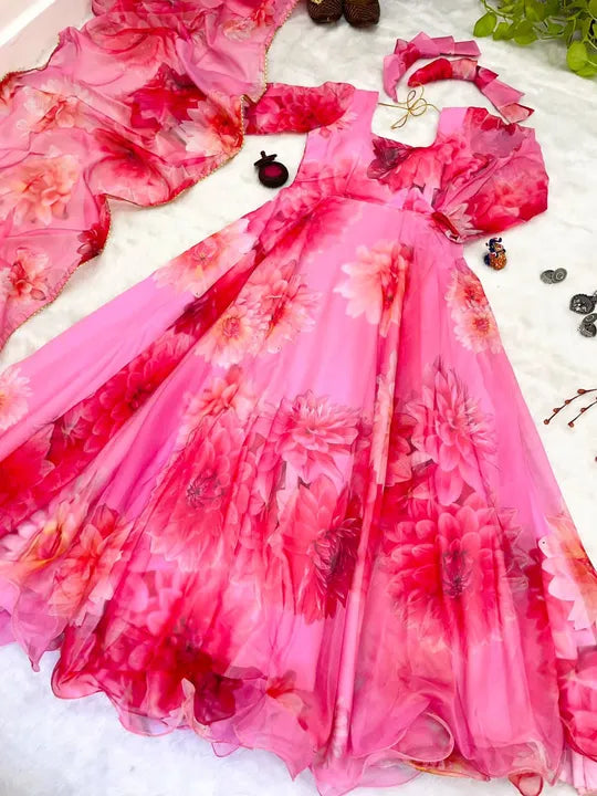 Multicoloured Tissue Digital Printed Gown For Women With Dupatta (Premium Quality II)