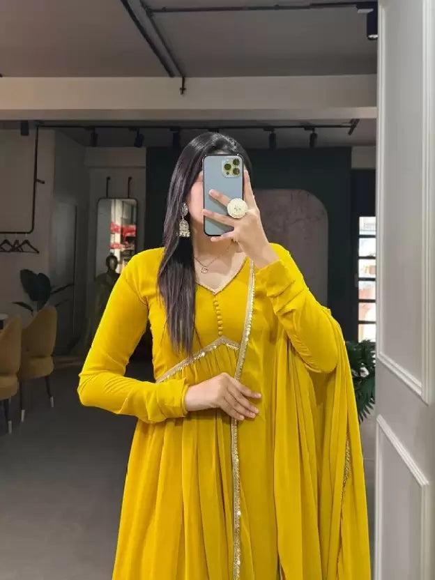 Elegant Alia Cut Georgette Gown with Sequins Embroidery Lace (Mustard)