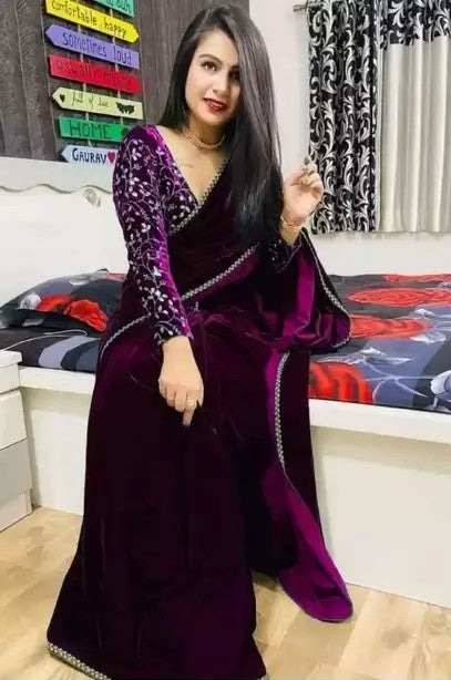Bollywood Velvet Sarees with Embroidered Blouse Piece (SPURPLE)
