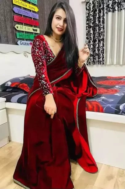 Bollywood Velvet Sarees with Embroidered Blouse Piece (SRED)