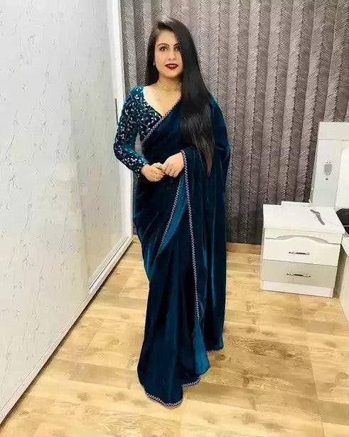 Bollywood Velvet Sarees with Embroidered Blouse Piece (SCRYSTAL)