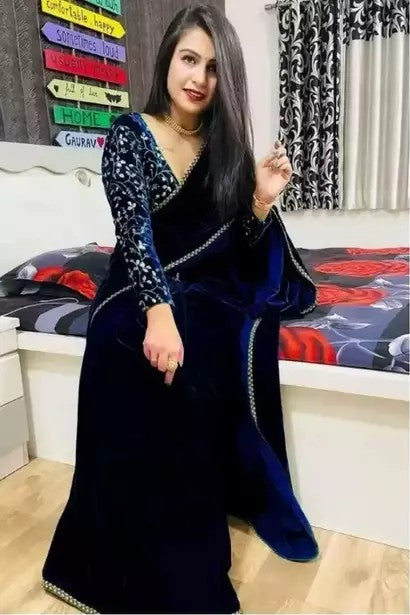 Bollywood Velvet Sarees with Embroidered Blouse Piece (SNAVY_BLUE)
